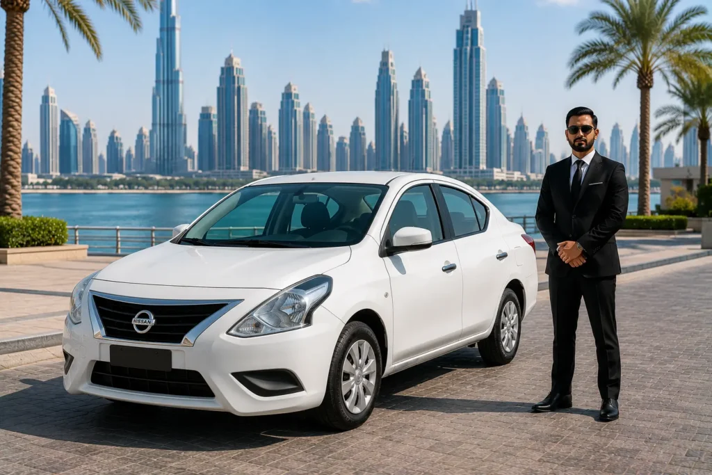 Elegant white sedan for Rent Nissan Sunny in Dubai parked beside Dubai waterfront with Burj Khalifa skyline and professional chauffeur during sunny daytime.