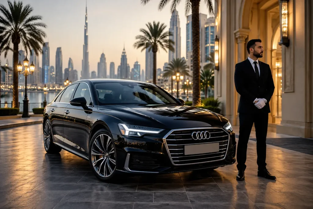 A luxury Audi A8 with a professional chauffeur parked in Dubai, set against an elegant waterfront and skyline at dusk, offered via Audi car rental Dubai services.