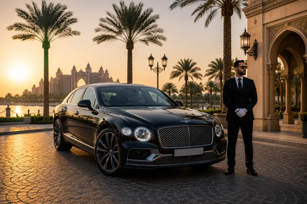 A luxury Bentley Flying Spur with a professional chauffeur at a Dubai waterfront sunset, surrounded by palm-lined streets and resort architecture, available through Bentley rental Dubai services.