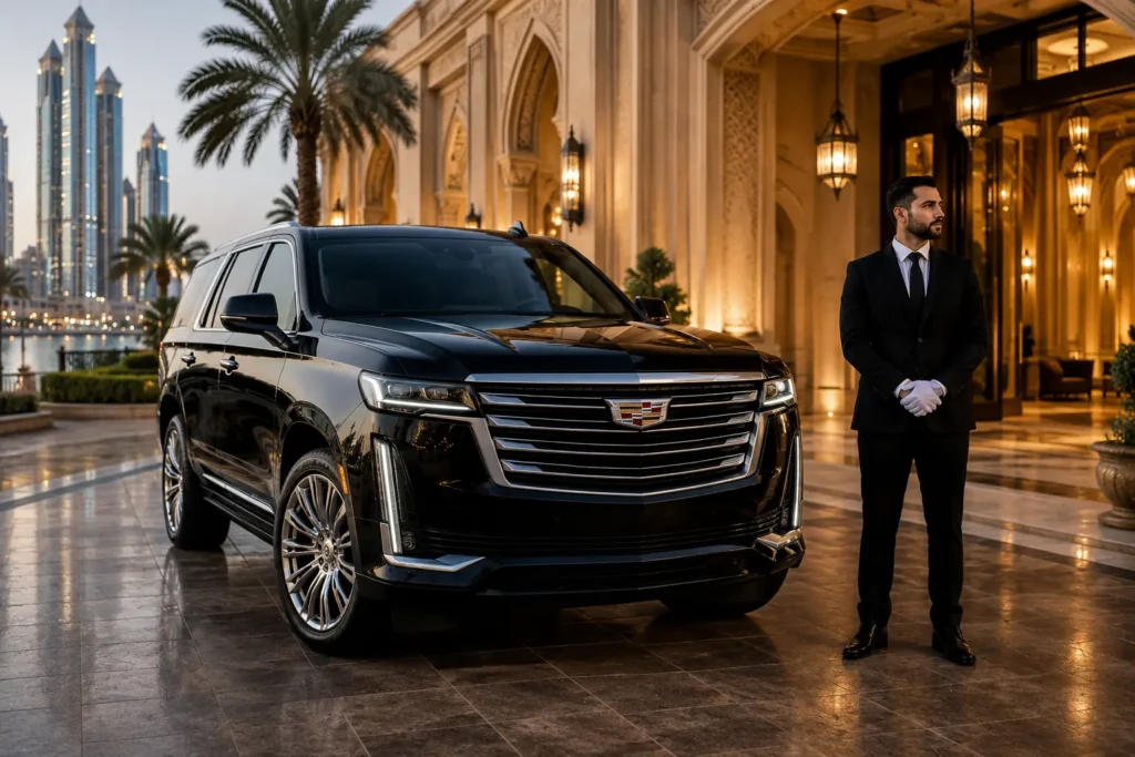 A luxury Cadillac Escalade with a professional chauffeur parked outside an elegant Dubai hotel at sunset, showcasing premium architecture and palm-lined surroundings, available through Cadillac rental Dubai services.