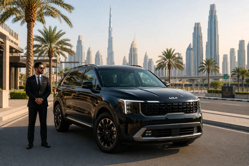 A luxury Kia Telluride with a professional chauffeur on a modern Dubai boulevard, featuring Burj Khalifa skyline and palm-lined roads, available through Kia rental Dubai services.