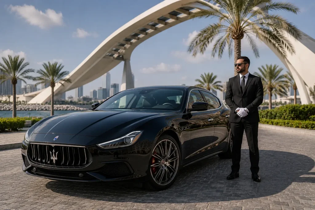 Luxury Maserati with professional chauffeur at a modern Dubai waterfront, ideal for premium rent Maserati Dubai services.