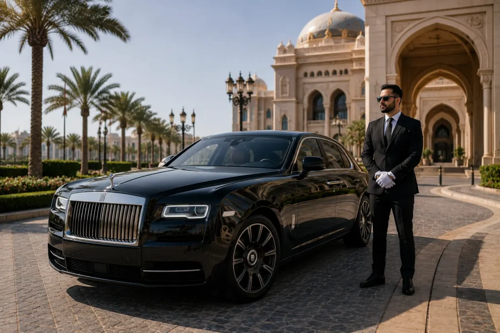 Rolls Royce Ghost Rental Dubai with professional chauffeur parked outside a luxury palace-style landmark, offering premium chauffeur-driven transportation services.