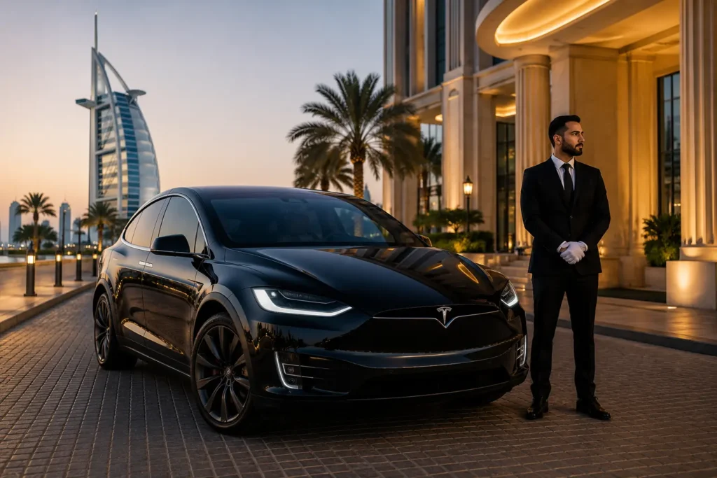 A luxury Tesla Model X with a professional chauffeur outside a premium Dubai hotel near Burj Al Arab, set in elegant evening lighting, available through Tesla rental Dubai services.