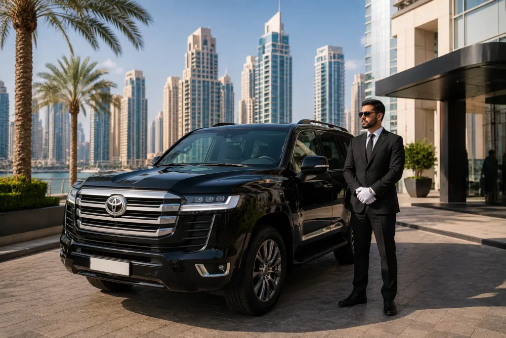 A luxury Toyota Land Cruiser with a professional chauffeur parked in Dubai Marina, set against a modern skyline, available through Toyota rental Dubai services.