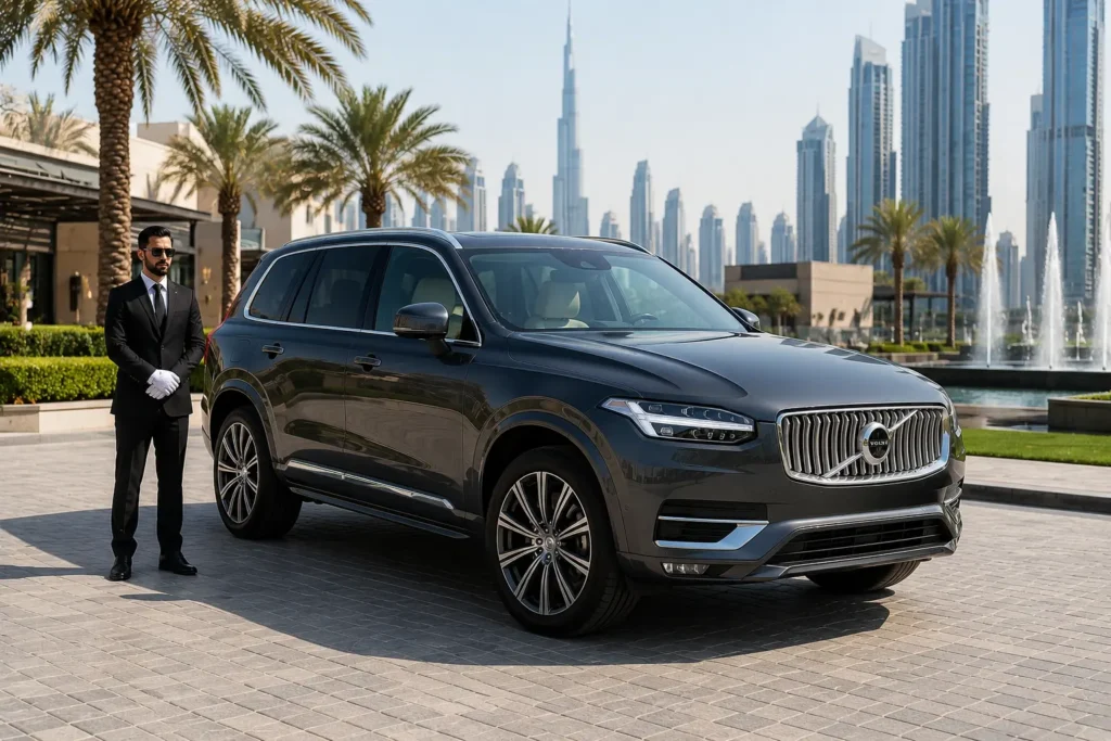 A luxury Volvo XC90 with a professional chauffeur in formal attire parked in a premium Dubai city setting, featuring skyscrapers and palm-lined avenues, available through Volvo car rental Dubai services.