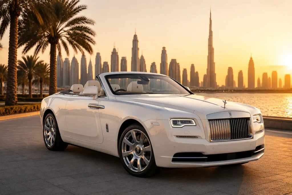 Luxury white convertible for Rolls Royce Dawn Rental Dubai parked near Dubai Marina waterfront with Burj Khalifa skyline during beautiful golden sunset evening.