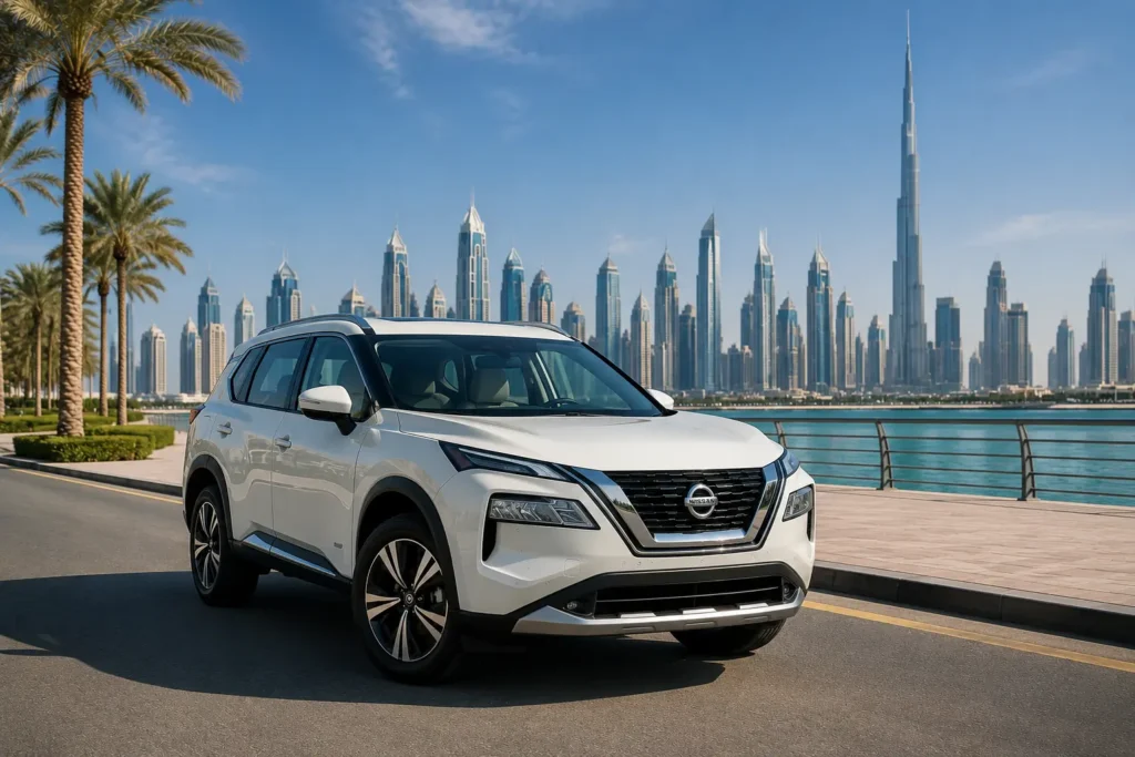 Modern white SUV for Nissan Car Rental Dubai parked near Dubai Marina with clear waterfront views and iconic Burj Khalifa skyline background.