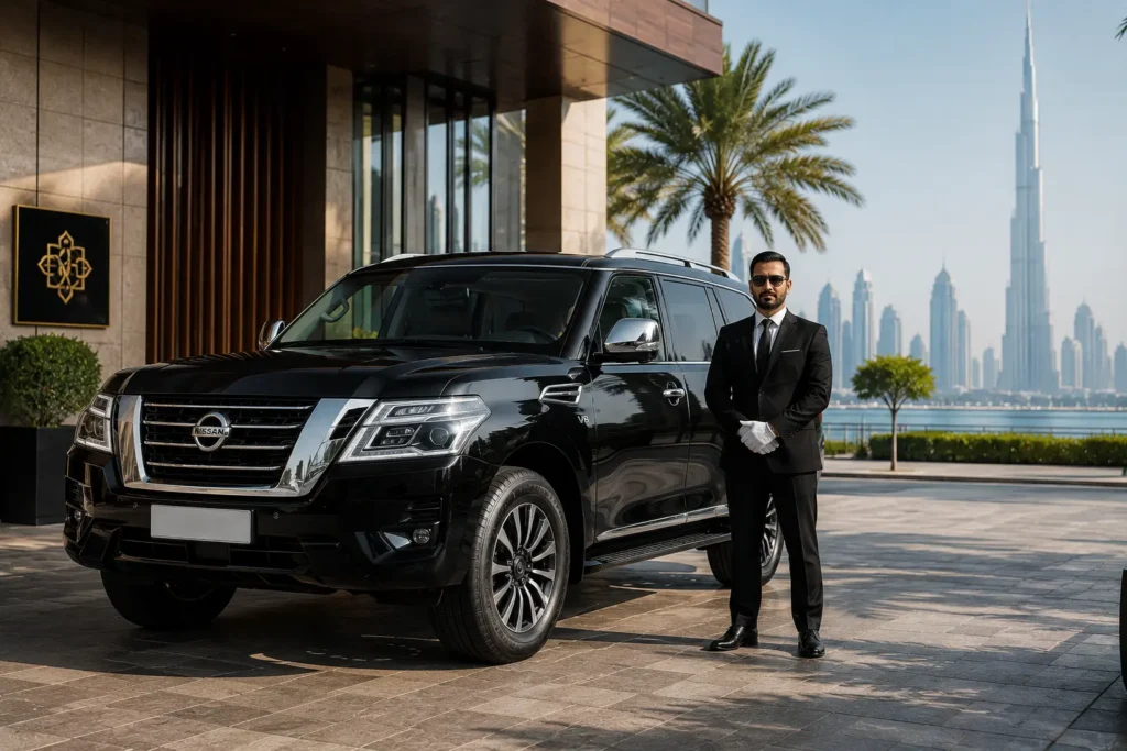 Premium SUV for Hire Nissan Patrol with Driver in Dubai driving through modern Dubai roads with luxury skyline backdrop and chauffeur service experience.