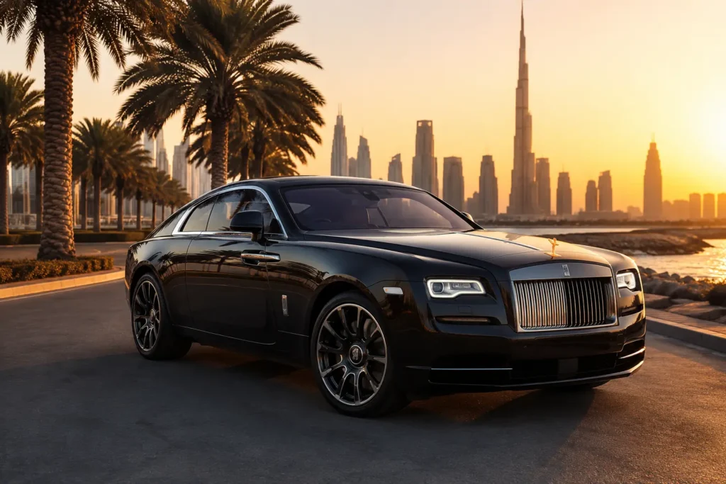 Premium black coupe for Rolls Royce Wraith Rental Dubai featuring elegant luxury styling with iconic Dubai skyline and palm tree sunset backdrop.