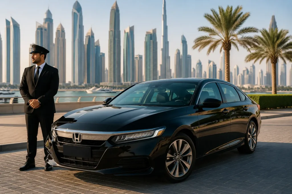 A professional chauffeur standing beside a black Honda Accord with the Dubai skyline and Burj Khalifa in the background, showcasing Honda car rental Dubai services.