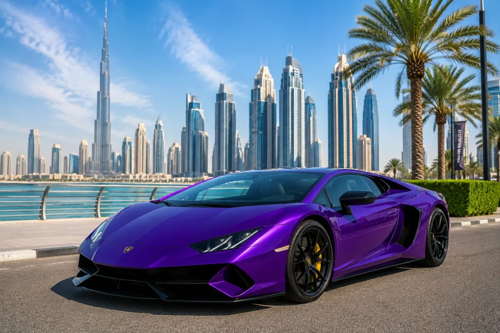 Purple Lamborghini parked along a scenic Dubai waterfront road with iconic skyscrapers, highlighting the excitement of Lambo Rental Dubai services.