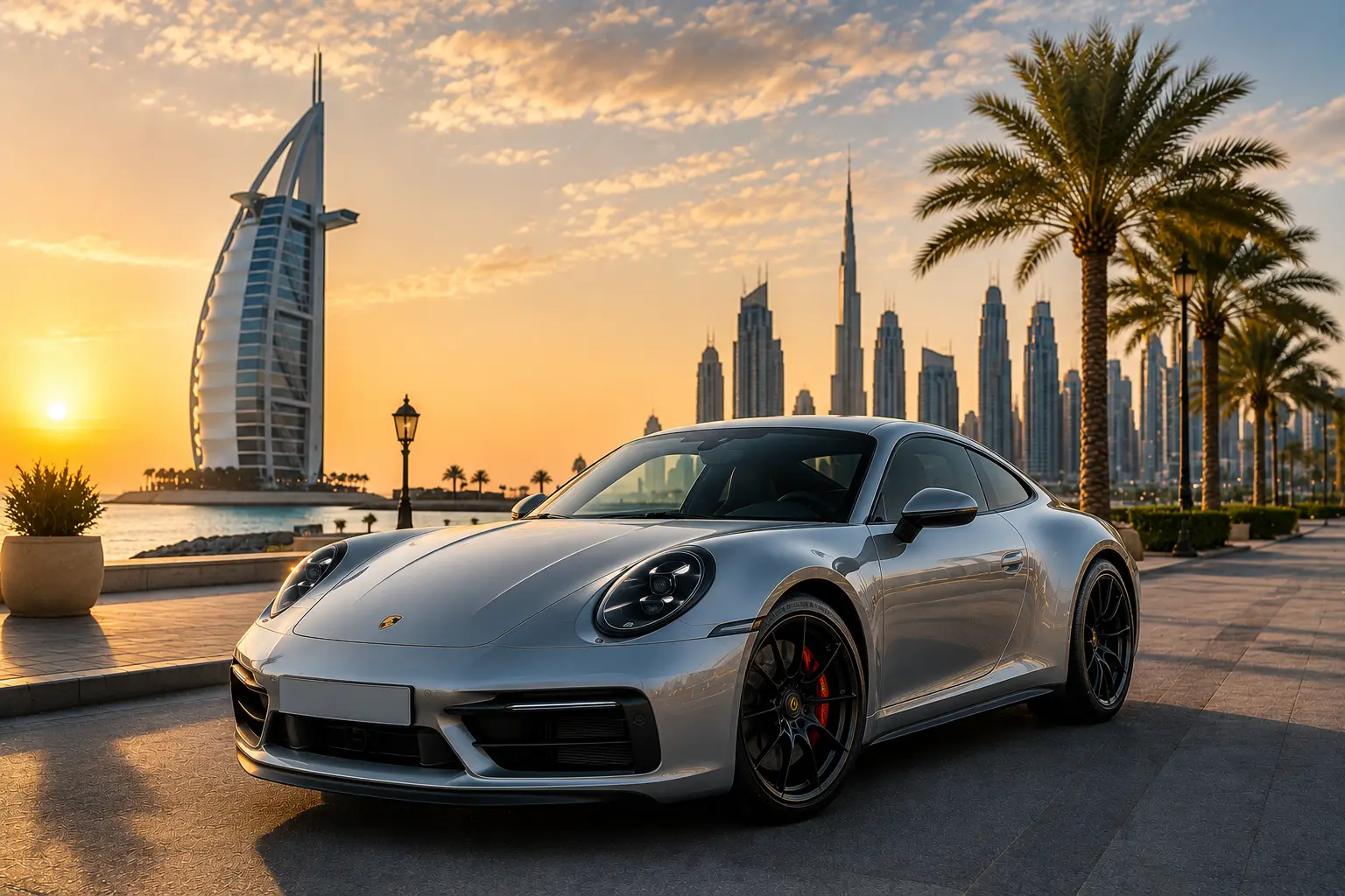 Silver Porsche sports car overlooking Burj Al Arab during sunset, representing the premium experience of Porsche Rental Dubai for luxury travelers.
