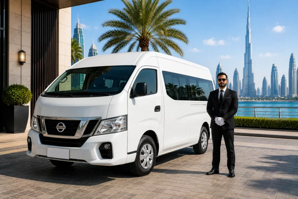 Spacious white van for Nissan Urvan Van Rental with Driver designed for group travel in Dubai with modern city skyline and luxury transport atmosphere.