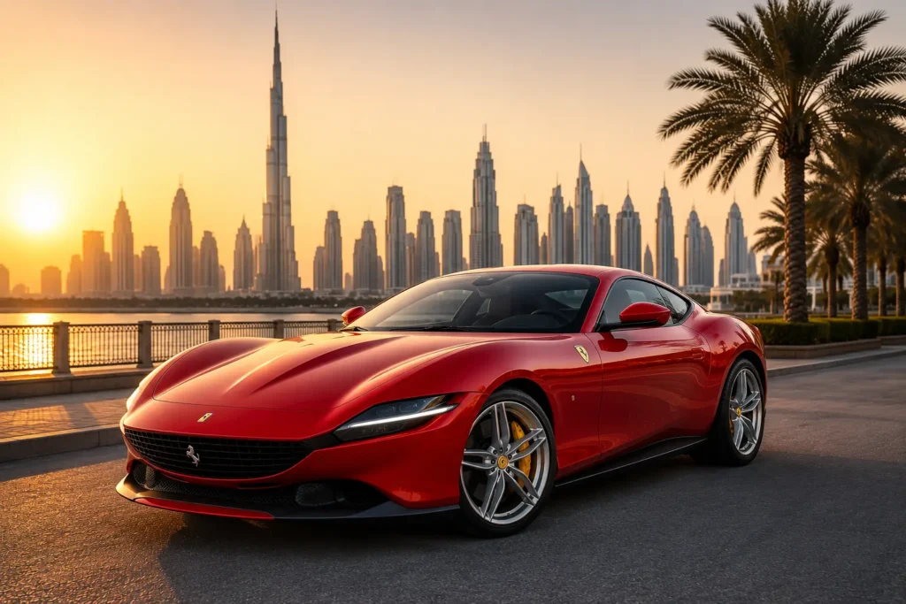 Stunning red sports car for Ferrari Rental Dubai captured beside Dubai waterfront road with modern skyline and cinematic golden hour lighting.