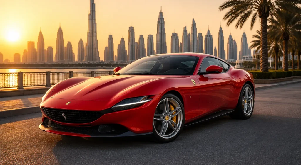 Stunning red sports car for Ferrari Rental Dubai captured beside Dubai waterfront road with modern skyline and cinematic golden hour lighting.