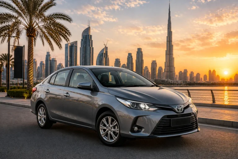 This is a silver Toyota Yaris sedan parked with the Dubai skyline in the background.