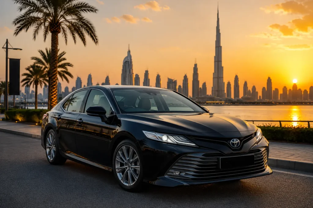 This image features a black Toyota Camry parked in front of the Dubai skyline.