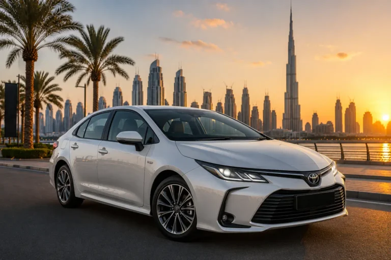 The image shows a white Toyota Corolla sedan parked with the Dubai skyline in the background.