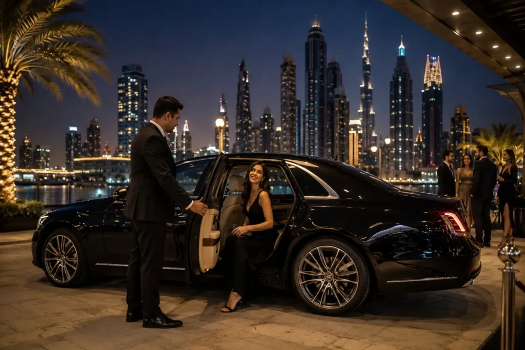 A professional chauffeur assisting a passenger into a luxury car during an Evening Chauffeur Service in Dubai with the illuminated skyline in the background.