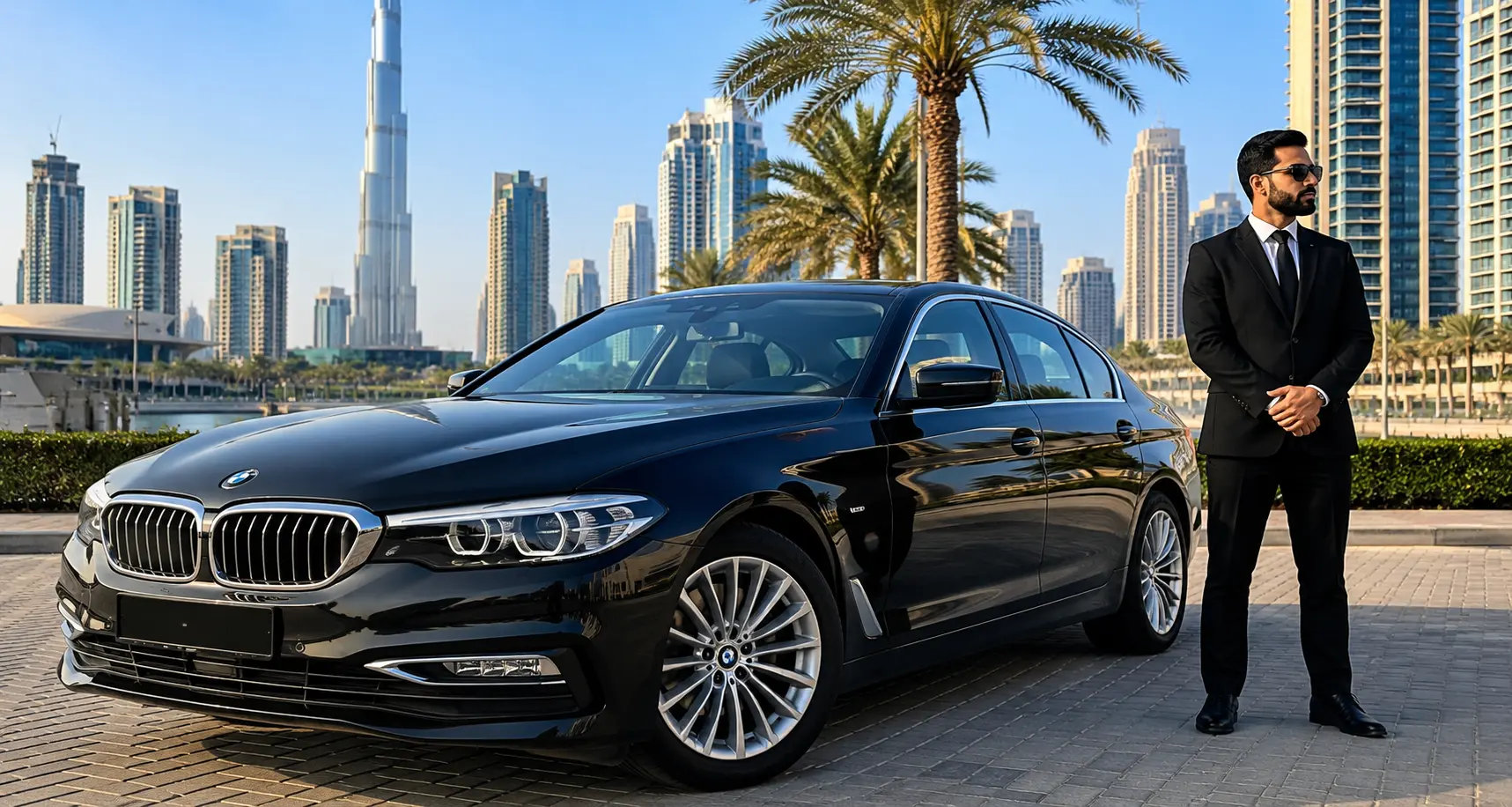 A black BMW 520i sedan parked in front of the Dubai skyline and Burj Khalifa, with a chauffeur standing alongside it.