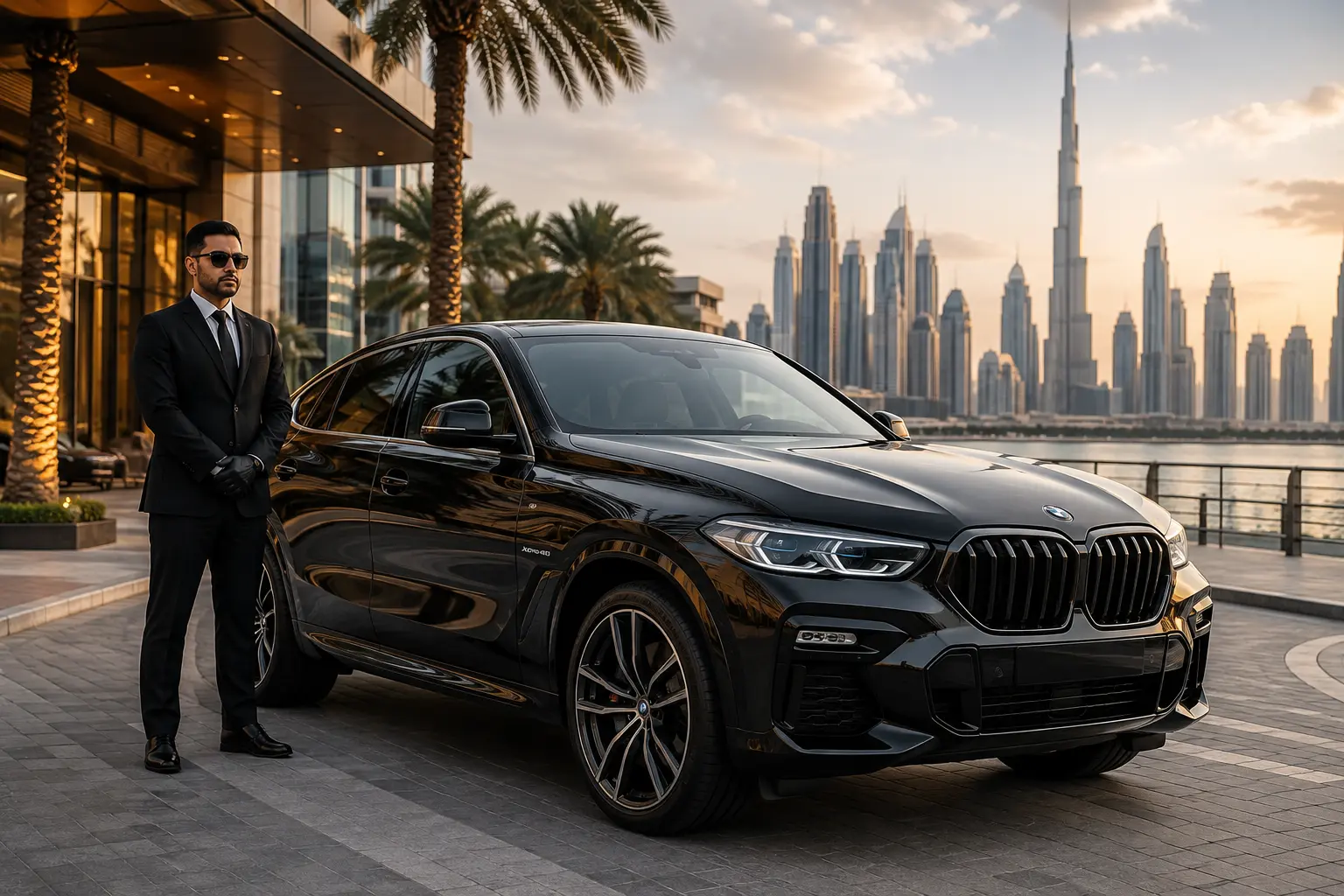 A black BMW X6 xDrive40i parked on a Dubai promenade, with a chauffeur in a suit standing nearby and the iconic Burj Khalifa skyline visible across the water.