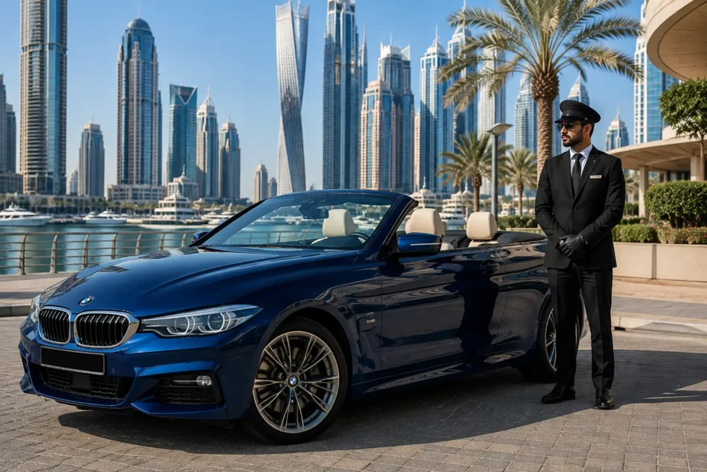 A blue BMW 420i Convertible parked on a sunlit waterfront promenade with a uniformed chauffeur standing alongside. Iconic, modern skyscrapers of the Dubai Marina skyline form the background.