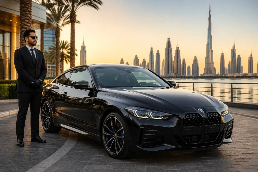A sleek black BMW 420i Coupe with an M-Kit parked on a Dubai waterfront promenade. A chauffeur in a suit stands nearby against the iconic city skyline.