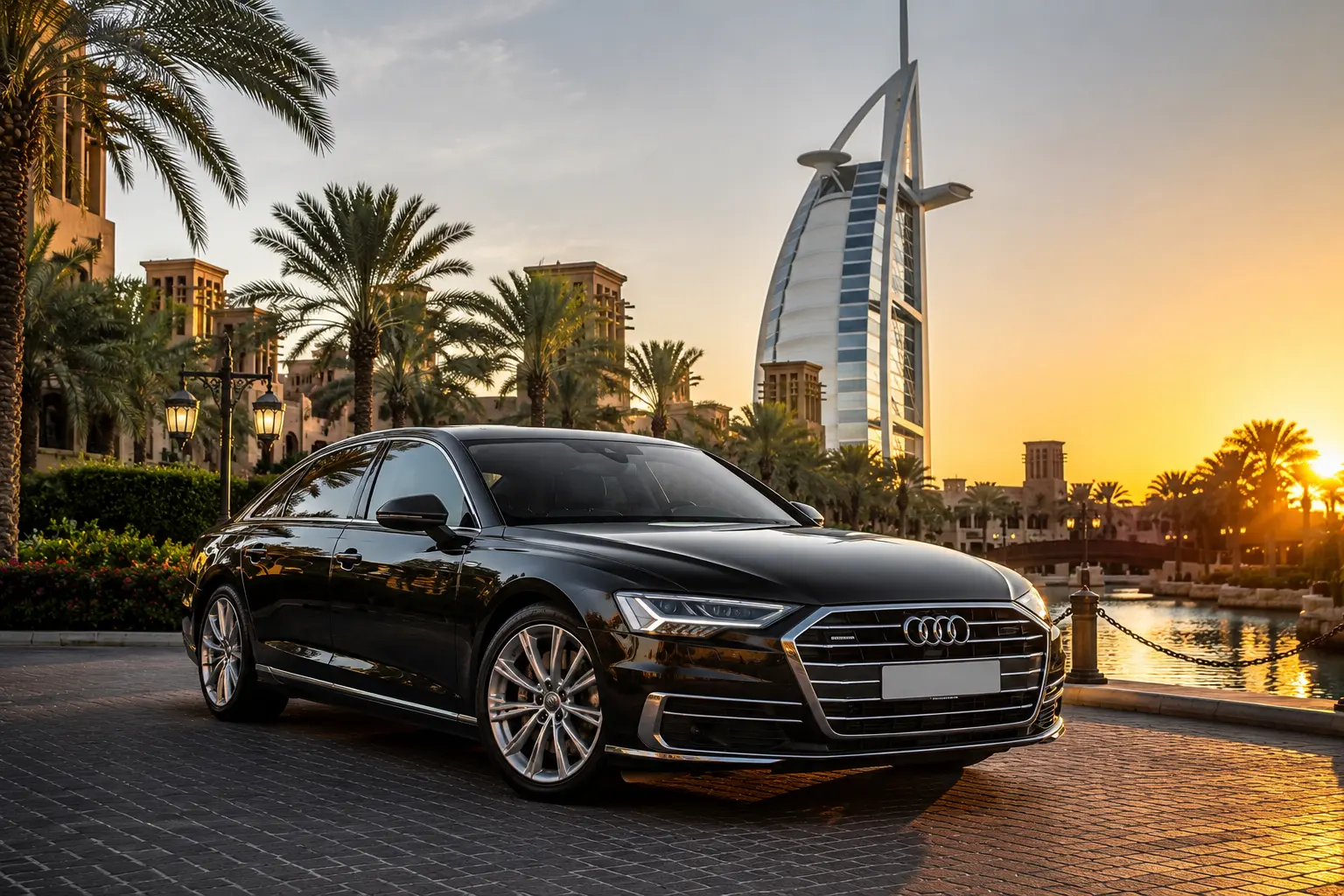 Audi A8 with Driver providing premium chauffeur service in Dubai, featuring a luxury waterfront setting, palm trees, and Burj Al Arab at sunset.