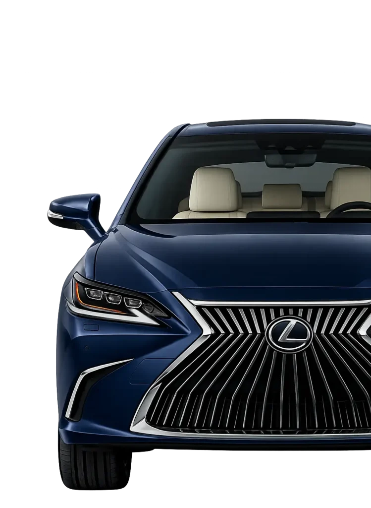 Close-up of the front left side of a dark blue Lexus luxury sedan, highlighting the signature spindle grille, logo, and sharp triple-beam LED headlight against a transparent background.