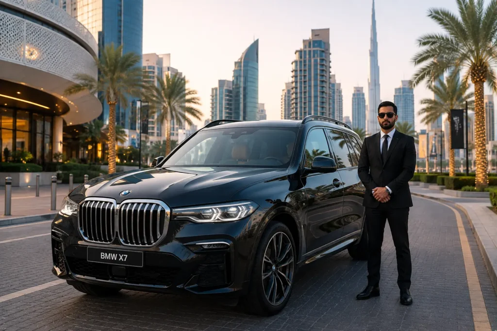 The image shows a BMW X7 luxury SUV parked on a city street, with a chauffeur or personal security guard standing next to it.