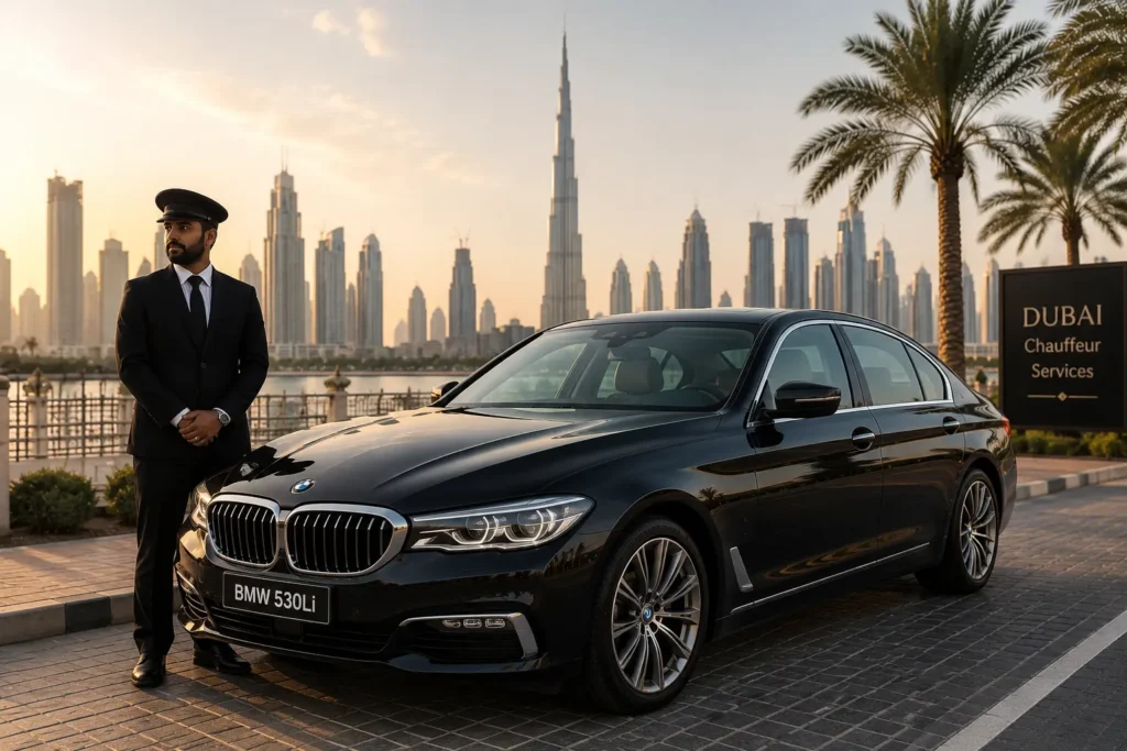 The image shows a black BMW 530Li luxury sedan with a professional chauffeur in Dubai.