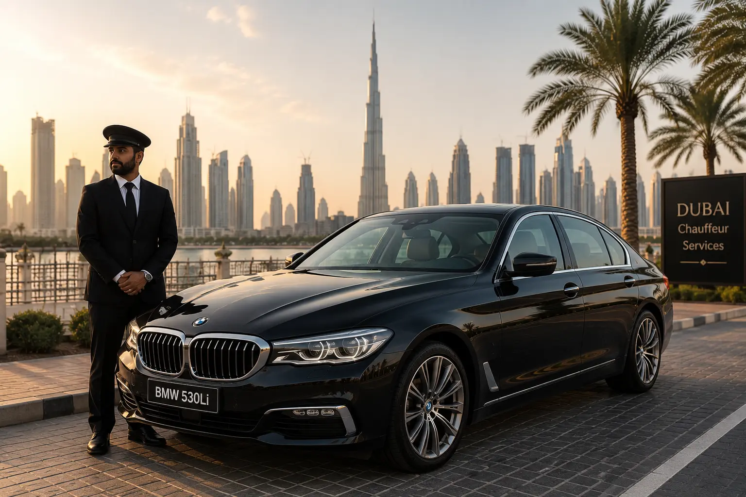 The image shows a black BMW 530Li luxury sedan with a professional chauffeur in Dubai.