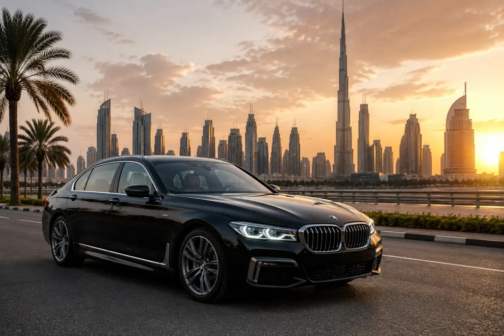 A black BMW 730Li luxury sedan driving on a Dubai city road during a golden hour sunrise, with the Burj Khalifa and skyscraper skyline in the background.