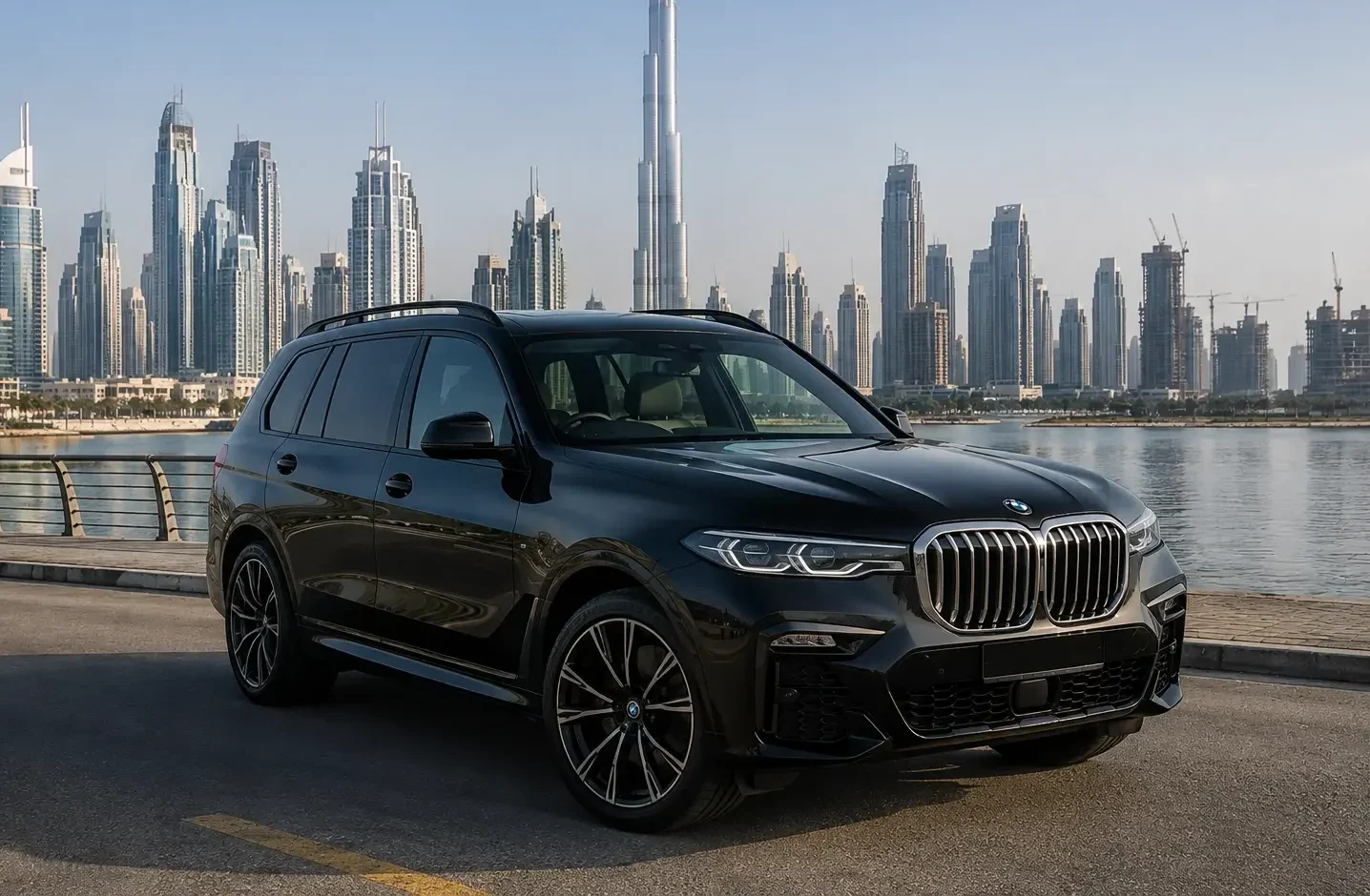A black BMW X7 xDrive40i M Sport luxury SUV parked on a Dubai roadside, with the Burj Khalifa and the city skyscraper skyline visible across the water in the background.
