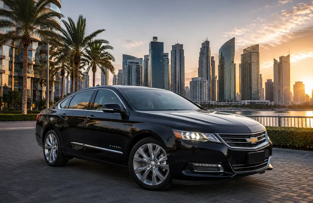 A black Chevrolet Impala Premier full-size sedan parked on a stone paved plaza in Dubai during sunset, showing the IMPALA badge on the front door with the Burj Khalifa and city skyline skyscrapers in the background.