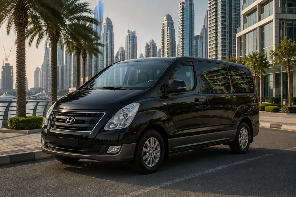 A black Hyundai H1 passenger van parked on a Dubai roadside during the day, with the Burj Khalifa and city skyscraper skyline visible in the background.