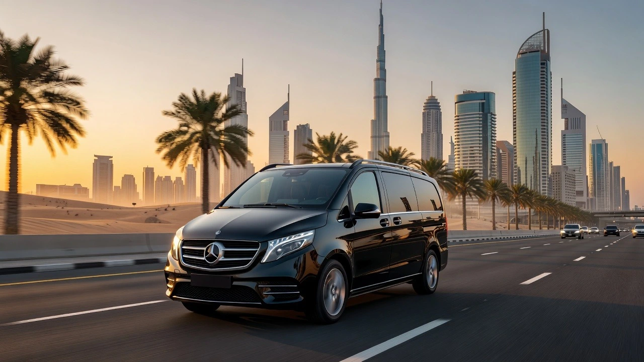 A black Mercedes Viano passenger van driving on a multi-lane highway at sunset, lined with palm trees and a desert landscape on the left, and the tall skyscrapers of the Dubai skyline.