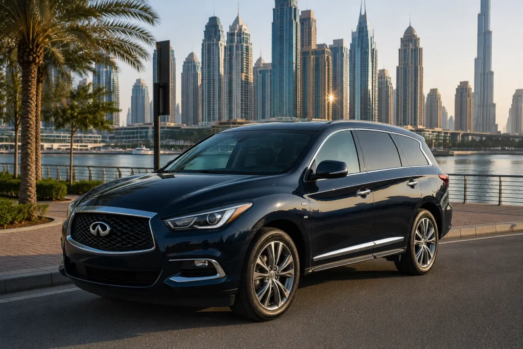 A dark blue Infiniti QX60 luxury crossover SUV parked on a Dubai roadside during the day, featuring its multi-spoke alloy wheels with the Burj Khalifa and city skyscraper skyline in the background.