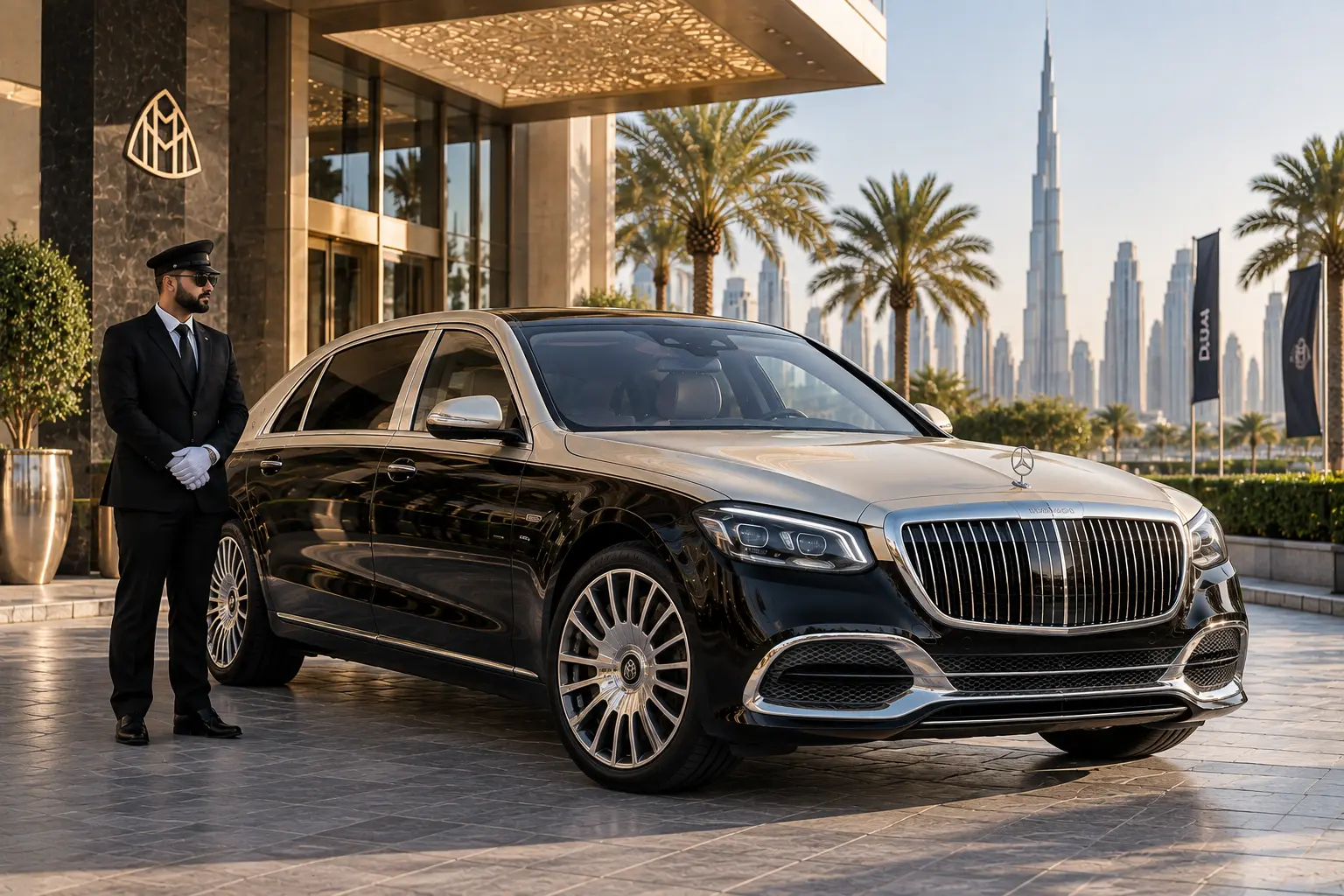 A two-tone black and champagne Mercedes-Maybach sedan parked outside a luxury hotel in Dubai. A uniformed chauffeur stands alongside the car, with palm trees and the Burj Khalifa prominent in the background.