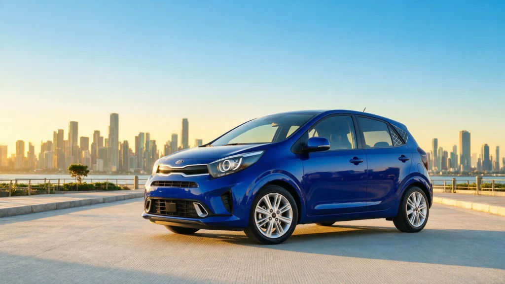 A vibrant blue Kia Picanto hatchback parked on a concrete waterfront plaza at sunset, with a large city skyline silhouetted against a bright, clear sky in the background.