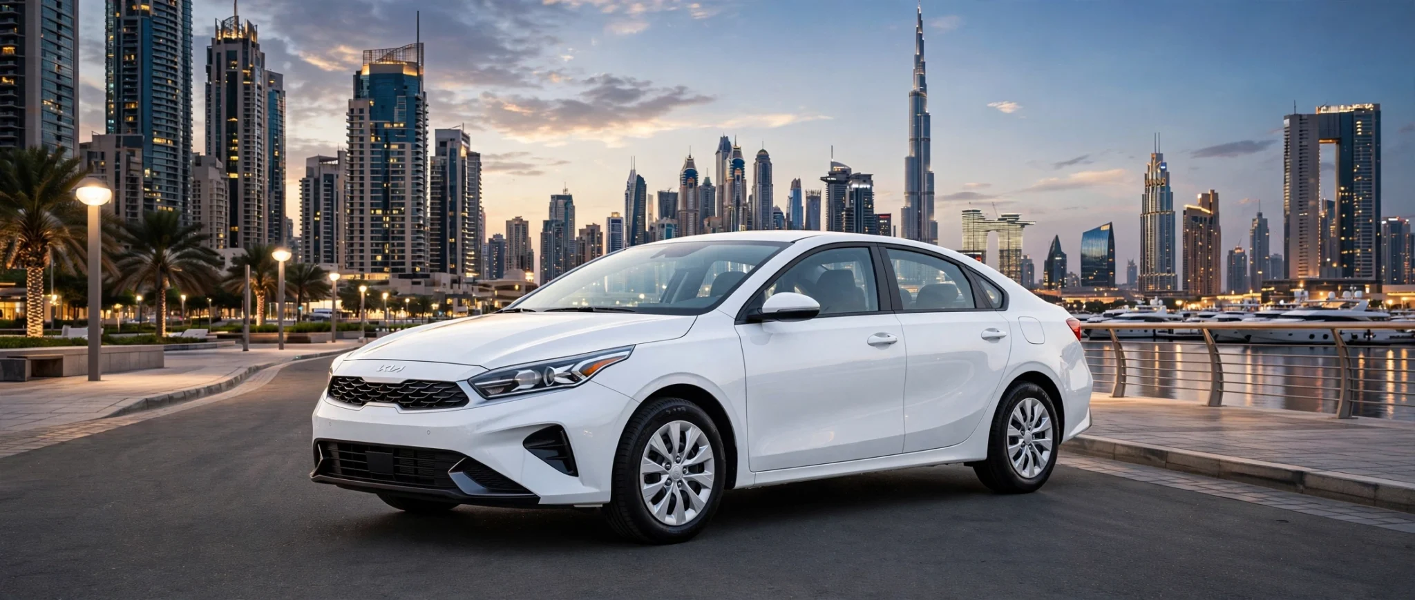 A white Kia Cerato sedan parked on an asphalt pathway along a marina at dusk, showcasing the illuminated Dubai cityscape and skyscrapers behind it.