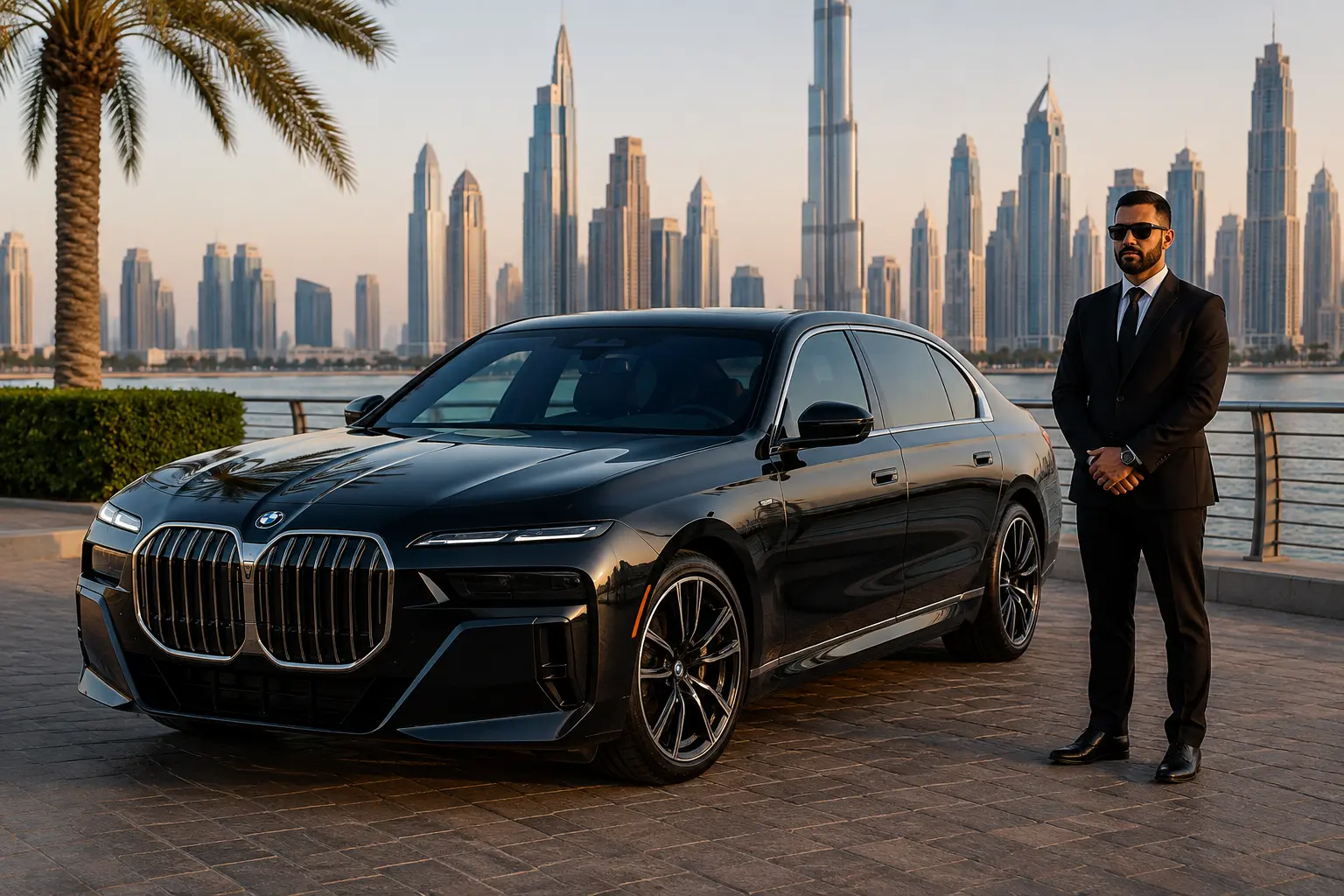 A black BMW 740i M-Kit with M Sport package parked on a Dubai promenade, with a uniformed chauffeur standing alongside the car against a skyline of skyscrapers.