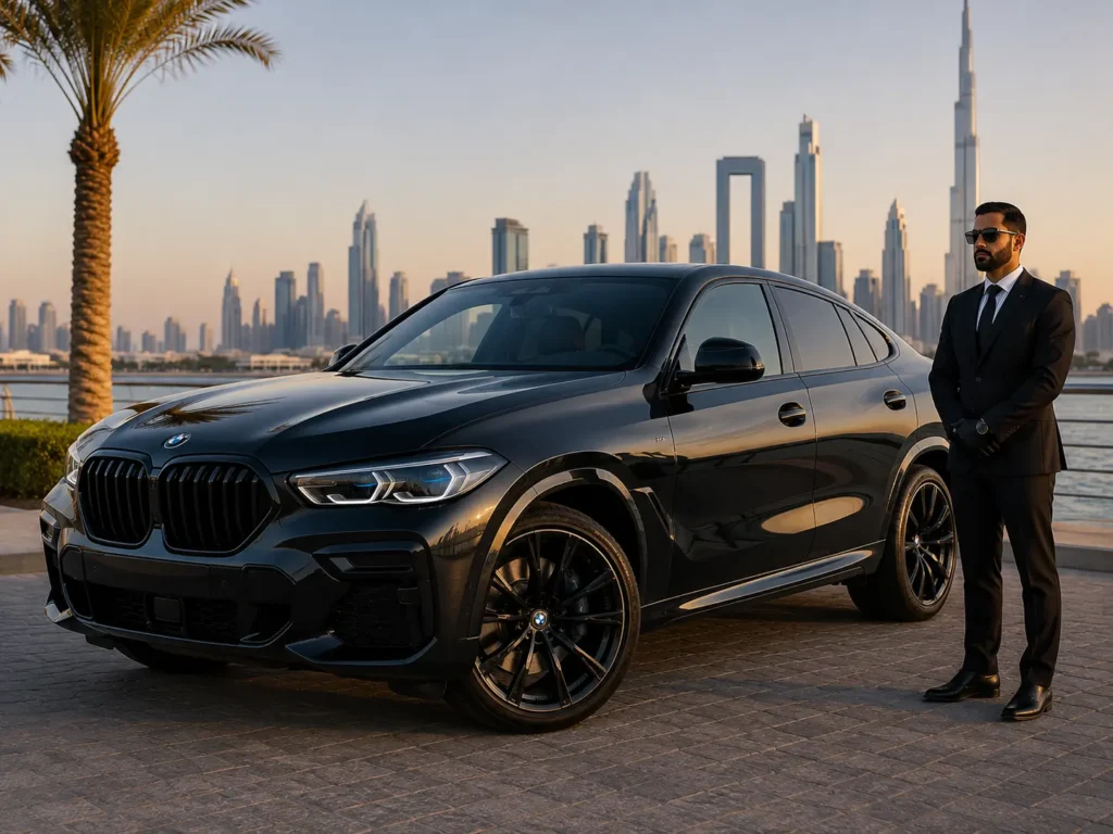 A sleek, black BMW X6 parked on a waterfront promenade in Dubai, with a chauffeur standing beside it and the city skyline, including the Burj Khalifa, in the background.