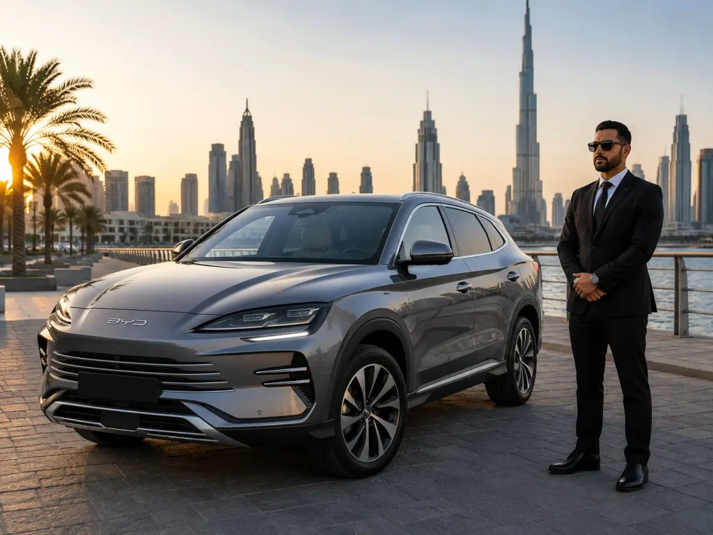 A grey BYD Seal U hybrid SUV parked on a paved waterfront walkway in Dubai at sunset, with a chauffeur in a black suit and sunglasses standing beside it and the Burj Khalifa visible in the skyline.