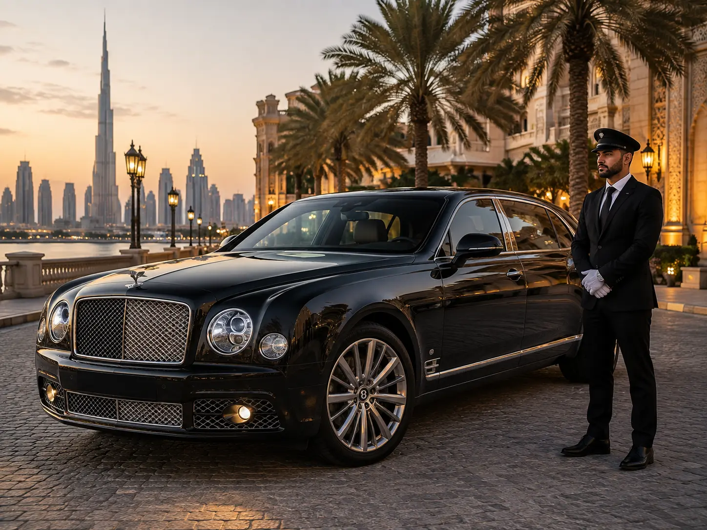 A black Bentley Mulsanne parked on a cobblestone driveway next to a uniformed chauffeur, with the Burj Khalifa and Dubai skyline visible across the water at sunset.
