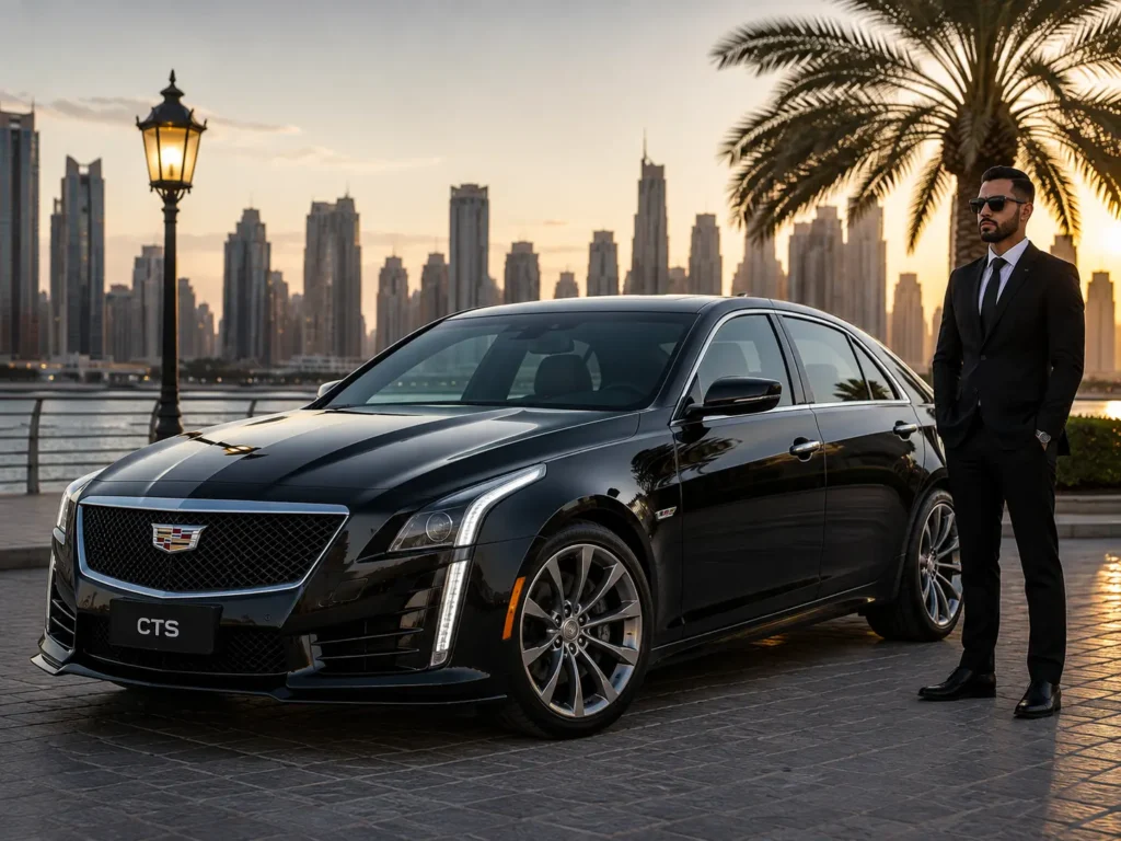 A sleek black Cadillac CTS sedan parked on a waterfront promenade at dusk, with a chauffeur in a black suit standing next to it against a hazy city skyline background.