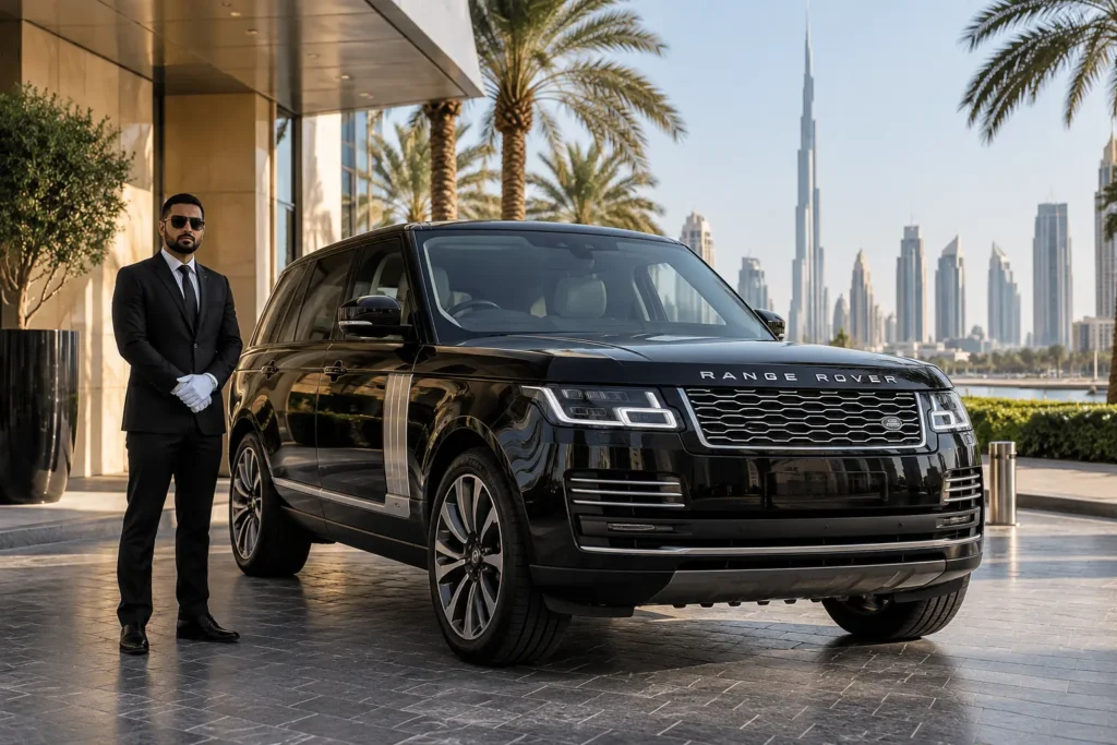 A professional chauffeur in a black suit, tie, and sunglasses stands beside a luxury black Land Rover Range Rover Sport parked outside a modern building, with the iconic Dubai skyline blurred in the background.