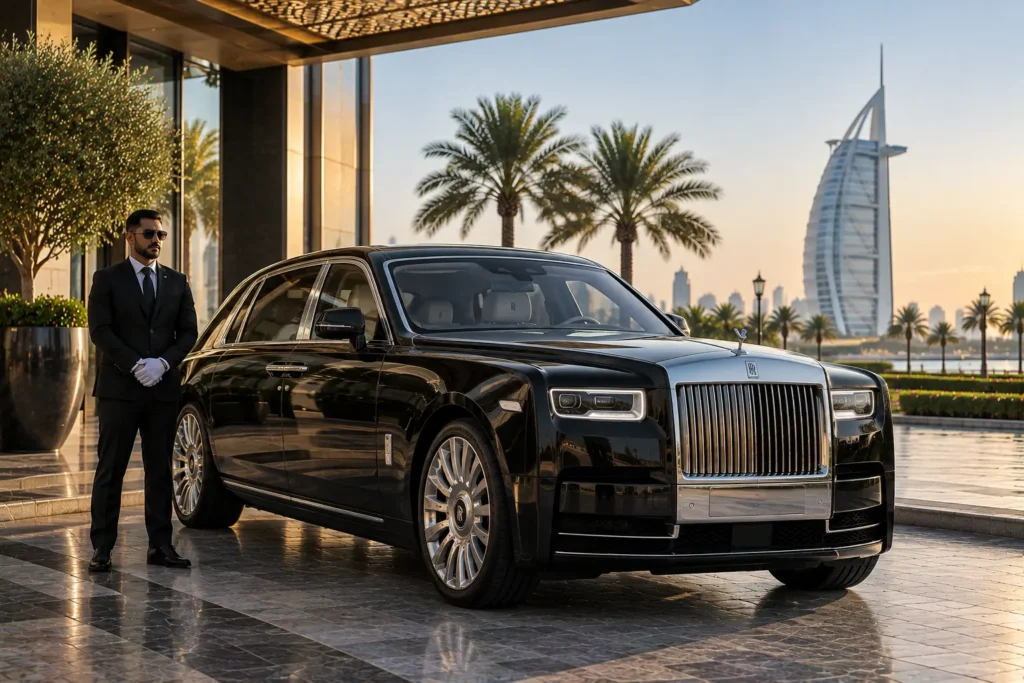 A black luxury Rolls Royce Phantom sedan sits parked at a grand driveway in Dubai. A chauffeur in a formal black suit stands alongside the vehicle, with palm trees and the iconic Burj Al Arab hotel visible behind.