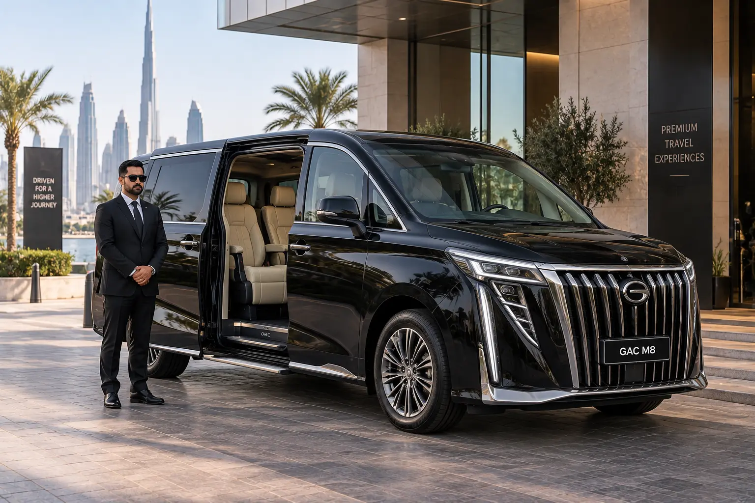 The image appears to show a black GAC M8 luxury multi-purpose vehicle (MPV) parked outside with a professional chauffeur standing beside the open sliding door.